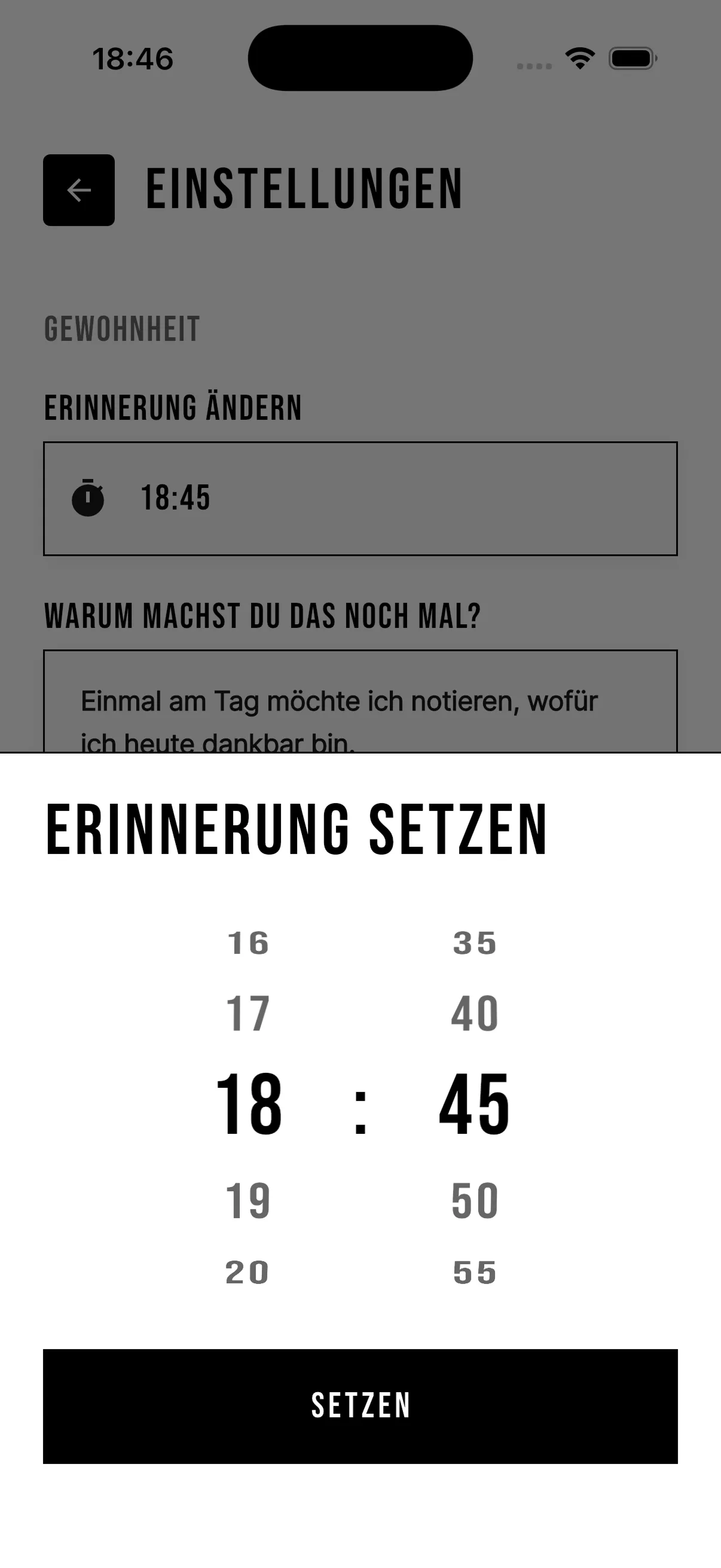 One Minute Habit: Einstellungen
